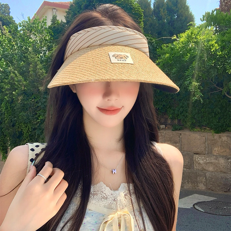 可爱卡通小狗贴布大帽檐空顶帽女夏季防紫外线海边出游防晒草帽子