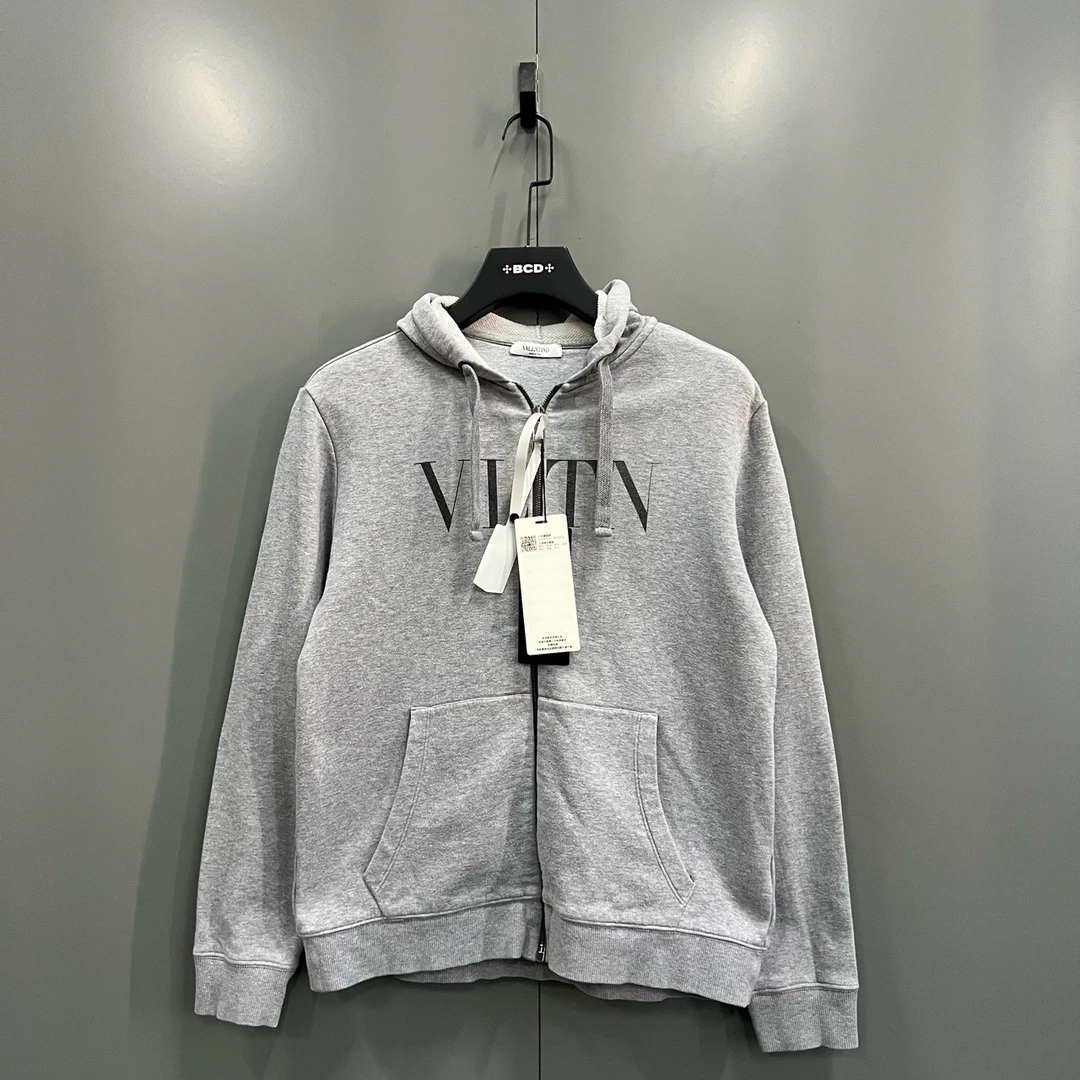 95新 Valentino/华伦天奴 (zz1)灰色印花logo拉链帽衫 XS码