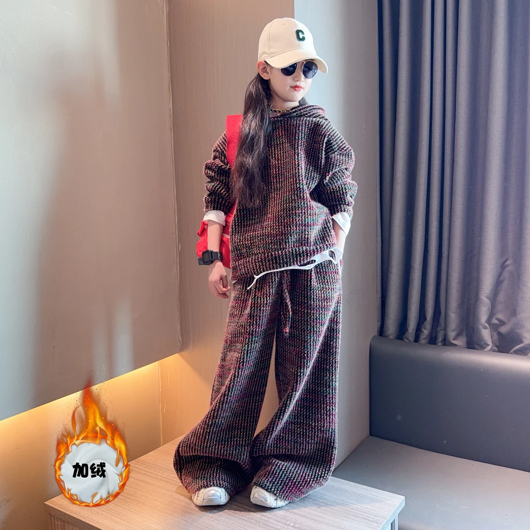 女童2025冬装新款时尚加绒免烫抗皱保暖连帽卫衣大童休闲裤套装