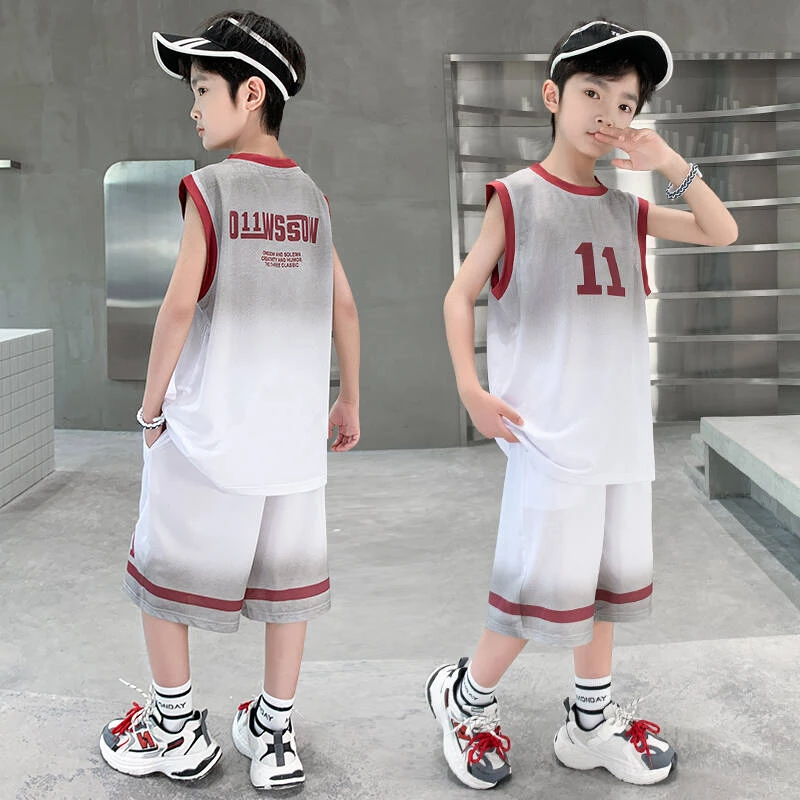 儿童篮球服男童冰丝速干运动套装中大童男孩夏季无袖薄款训练球衣