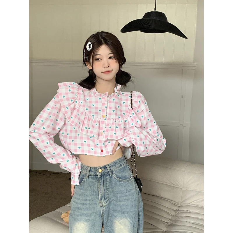 长袖衬衫女装上衣爱心印花短款设计感花边圆领衬衣外穿小个子韩系
