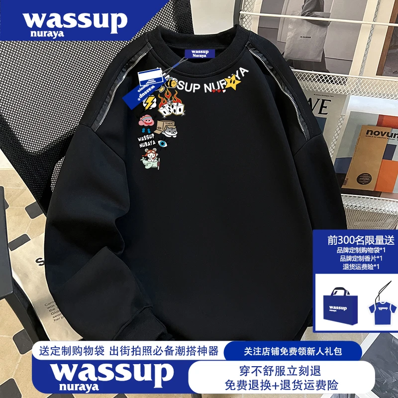 WASSUP NURAYA国潮牌重磅男士黑色圆领卫衣秋季爆款宽松情侣上衣