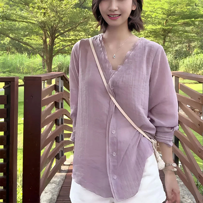 法式宽松v领时髦长袖防晒衬衫女2025新款夏季独特穿搭薄款上衣女
