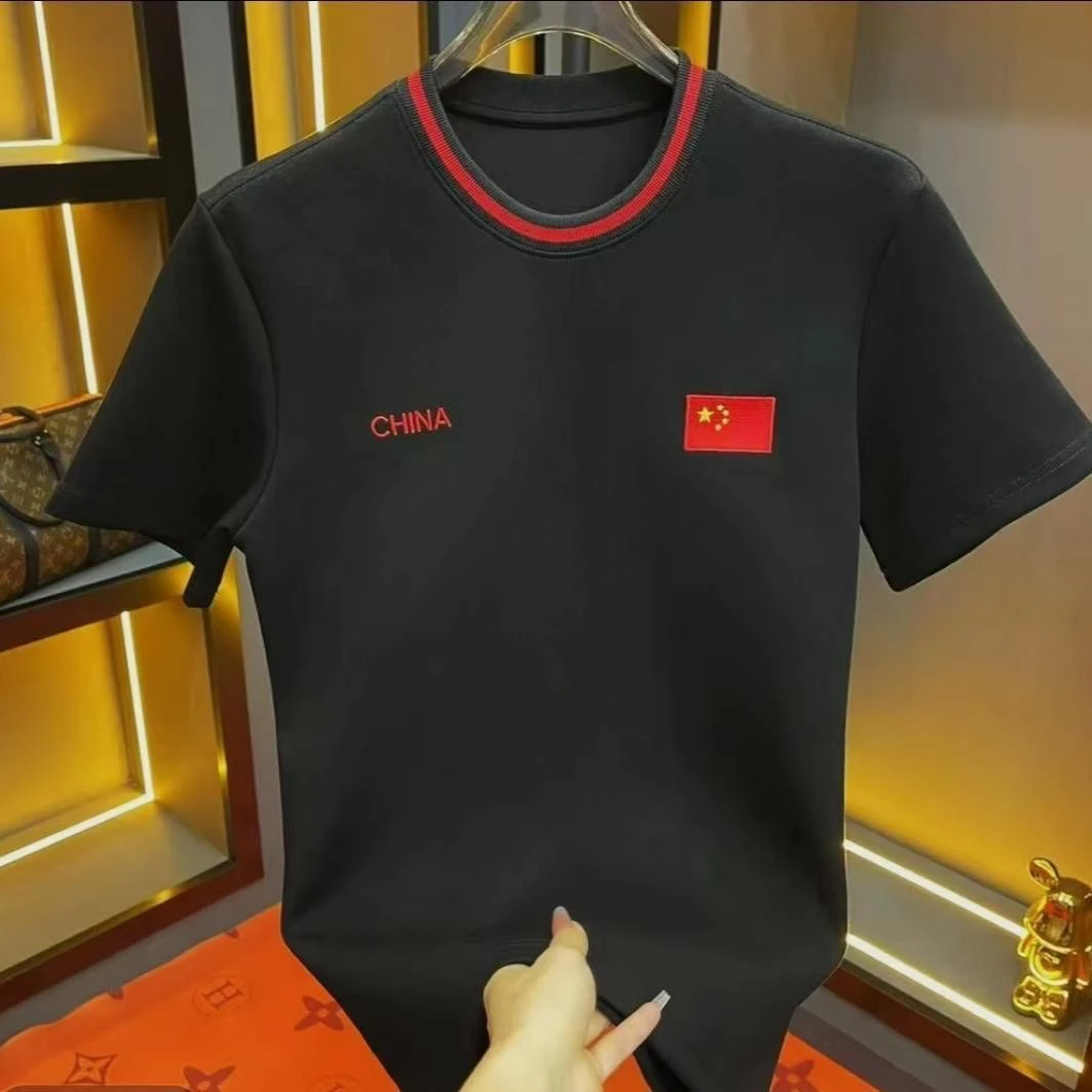 春夏新款男款休閑半袖修身刺绣翻领