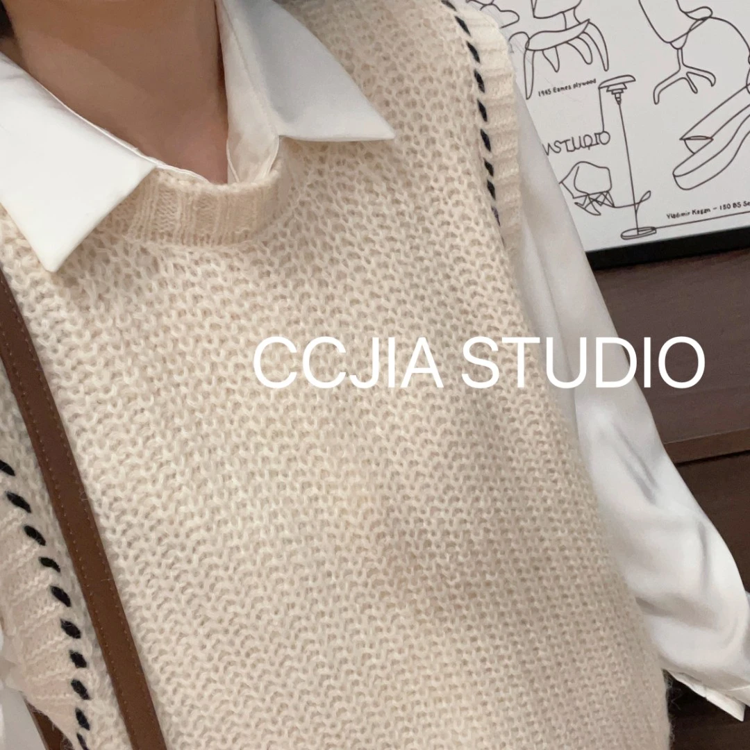 【纯色坑条手工杏色马甲】早秋新款针织衫宽松休闲时尚百搭