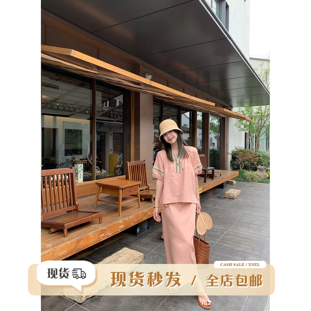 陳文文xenl【巴塞罗那】新款波西米亚风套装绑带上衣半裙两件套4478