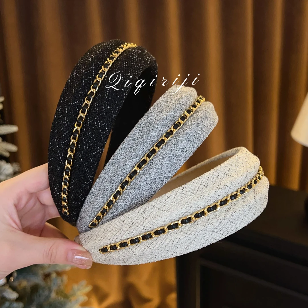 小众轻奢小香风粗花毛呢链条宽边发箍女气质型高颅顶压发头箍发卡