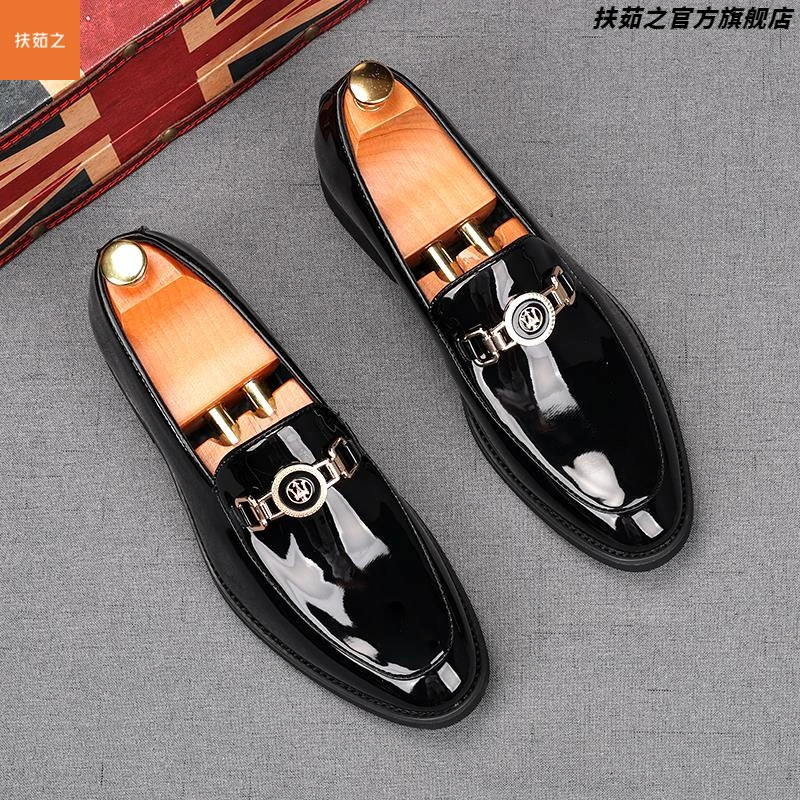 时尚漆皮乐福鞋男一脚蹬英伦休闲皮鞋韩版内增高发型师亮皮豆豆鞋