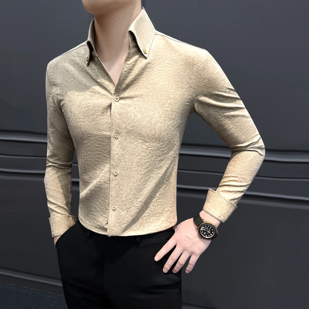 法式v领衬衫男款长袖秋冬爆款2025新款男装英伦痞帅褶皱男士衬衣