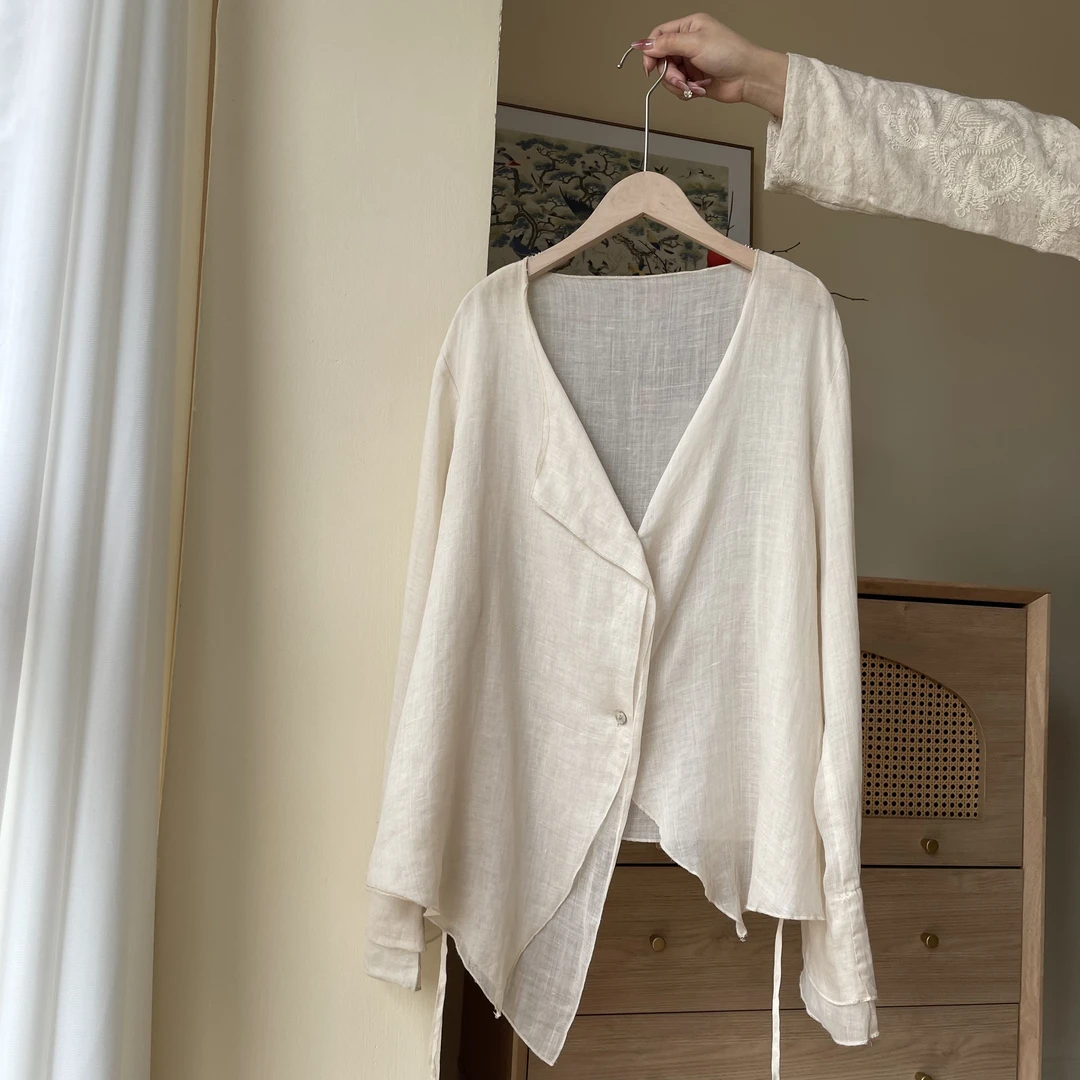 【春水】100%苎麻衬衣温柔禅意风衬衫不规则系带喇叭长袖清新小衫