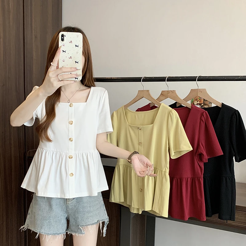 2025夏装新款胖mm大码女简约时尚方领拼接花边短袖小衫35592