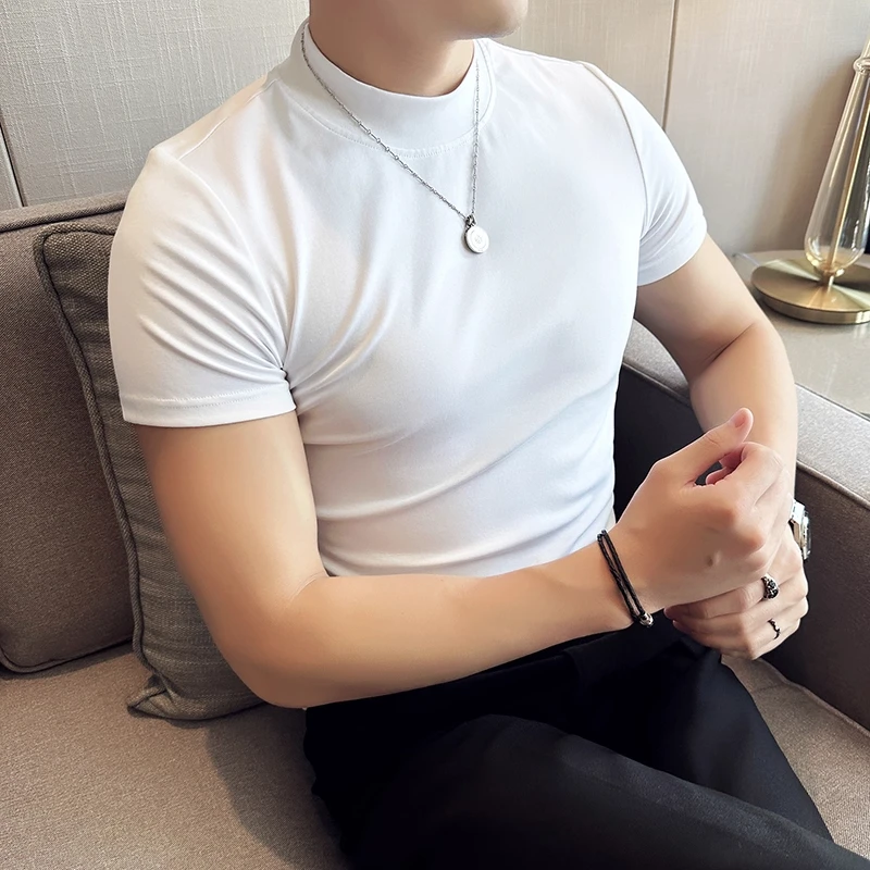 半高领男士短袖T恤春夏季2025新款潮牌高级感紧身百搭内搭打底衫