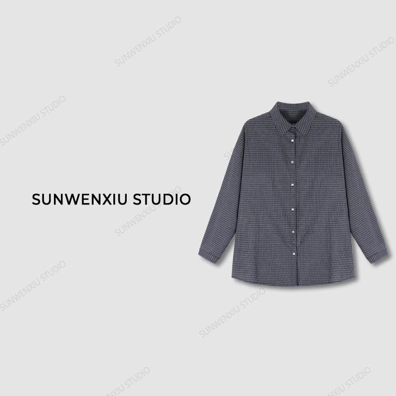 swx studio3店 ”学院衬衣“100%棉极简蓝格百搭通勤秋冬叠穿衬衫