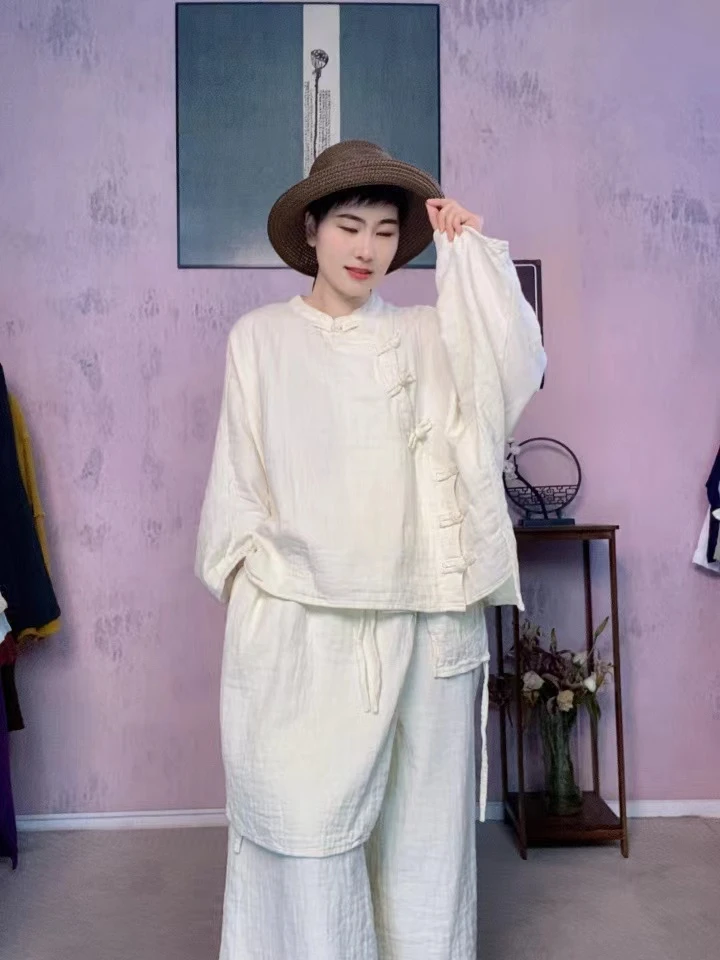 （思朴）2025早春套装加厚斜襟盘扣宽松显瘦气质套装禅意休闲