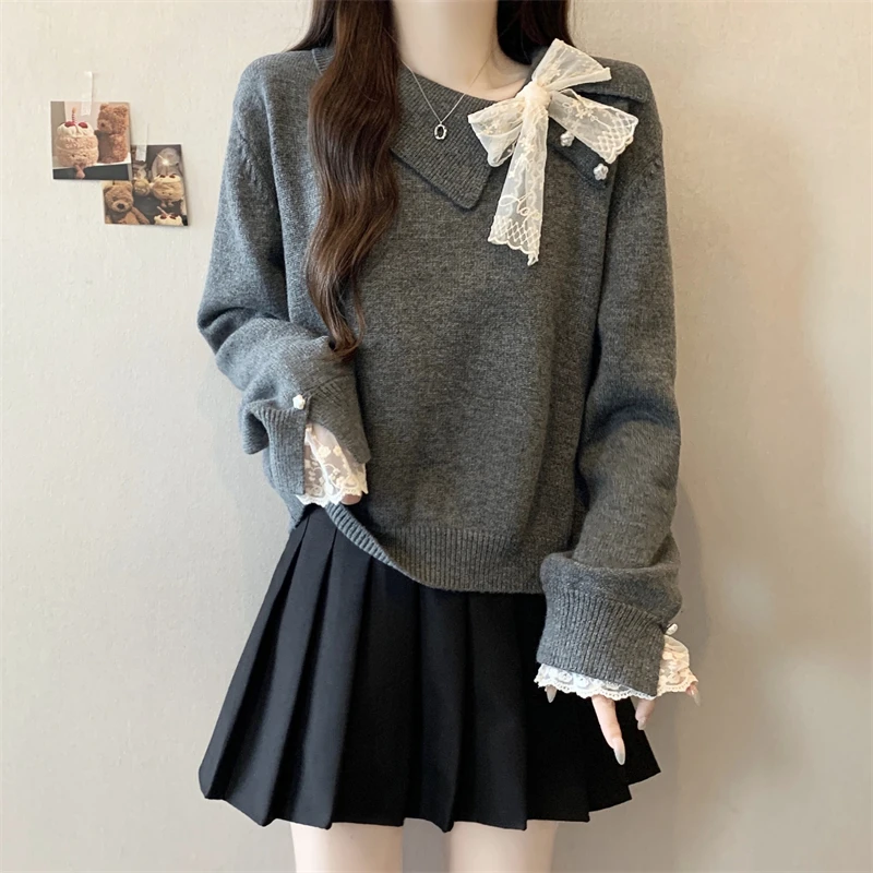 大码女装不规则温柔风套头毛衣女秋冬胖mm蕾丝花边长袖宽松针织衫