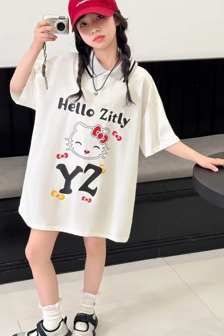 呼噜鱼2025POLO衫夏季吸汗夏装宽松纯色短袖中大童女印花半袖洋气