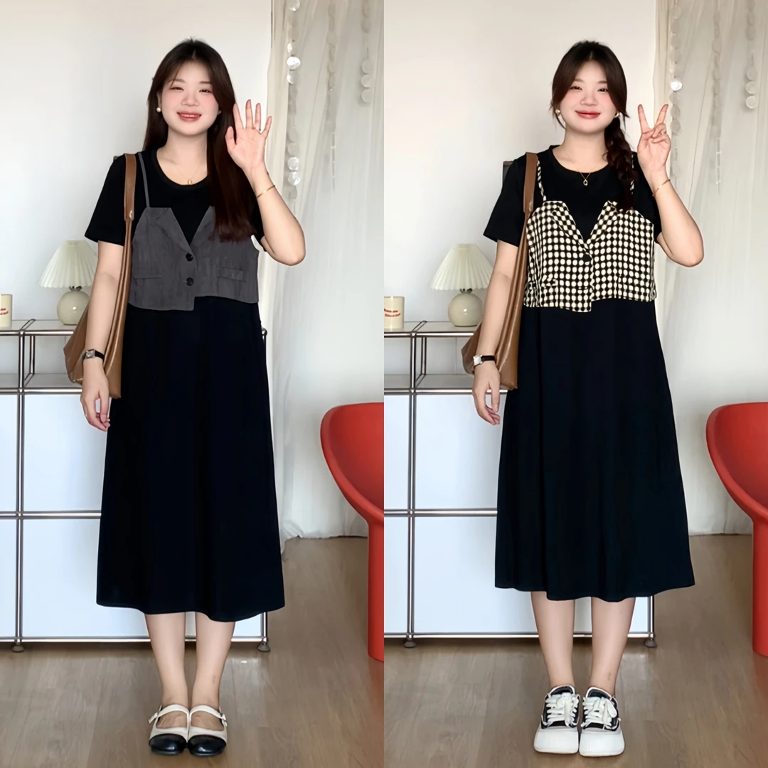 微胖的喵喵 大码夏季韩系气质时尚显瘦假两件短袖连衣裙子女 8076