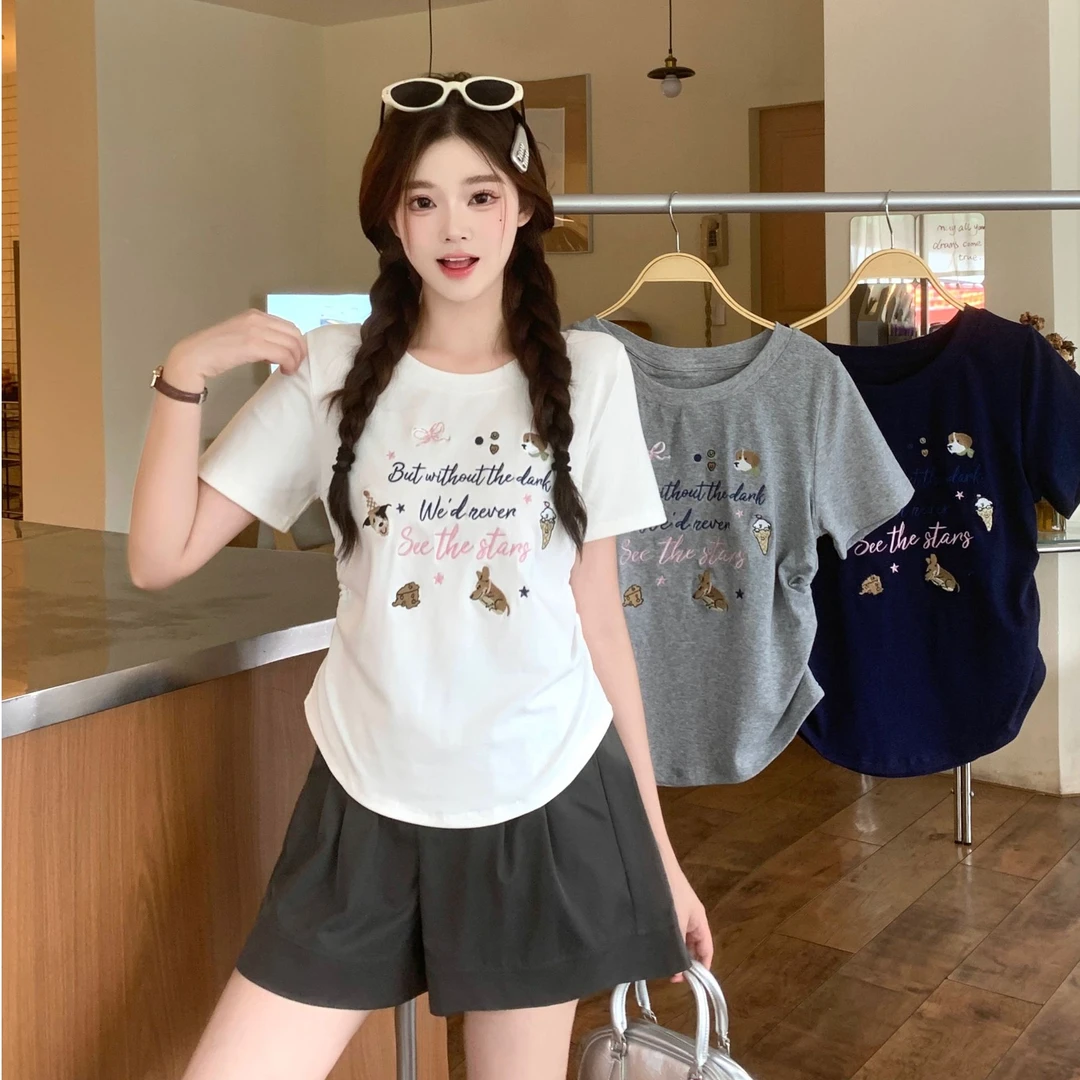 【wy】2025年大码女装夏基础款圆领正肩刺绣短袖T恤3236