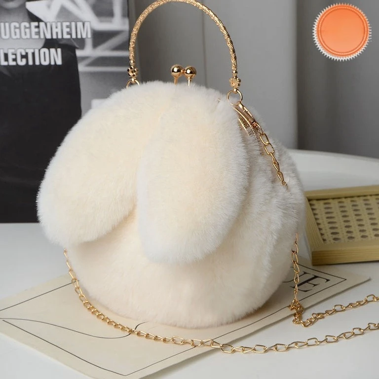 毛绒包包斜挎包女2024新款手提可爱学生公主链条包百搭小兔耳朵包