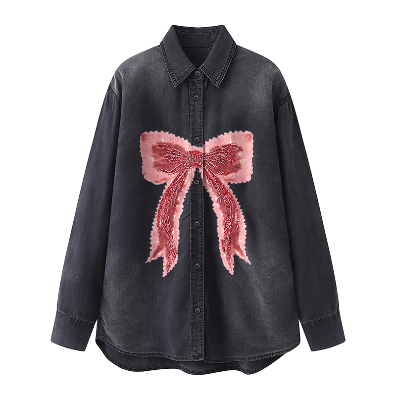 【Y2767】新品宽松复古经典印花蝴蝶结钉珠刺绣牛仔衬衫休闲外套女