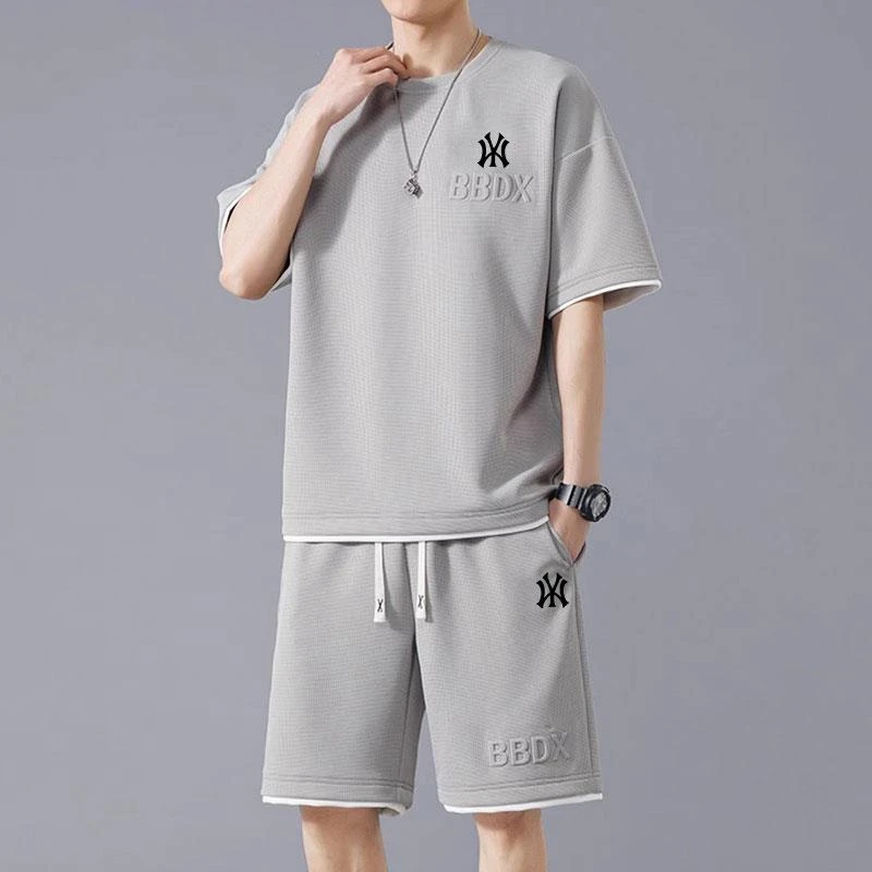 【Npkp&Victorit官方】休闲套装男生夏季华夫格青年圆领短袖宽松潮