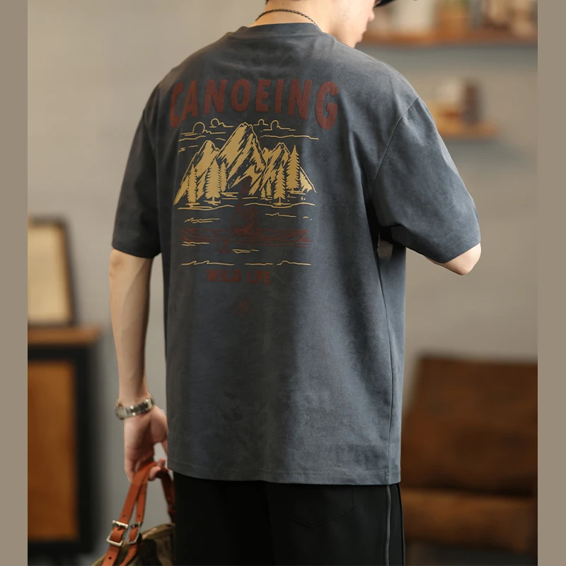 LEIGHZ/雷茨重磅短袖T恤男美式复古印花体恤夏季男士宽松半袖上衣