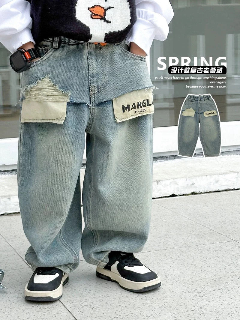 韩版男童秋季童装裤子2025新款儿童牛仔长裤宽松字母拼接休闲裤潮