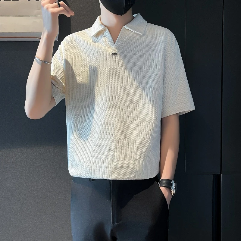 男士V领短袖Polo衫夏季白色翻领T恤2025新款潮流休闲上衣半袖体恤