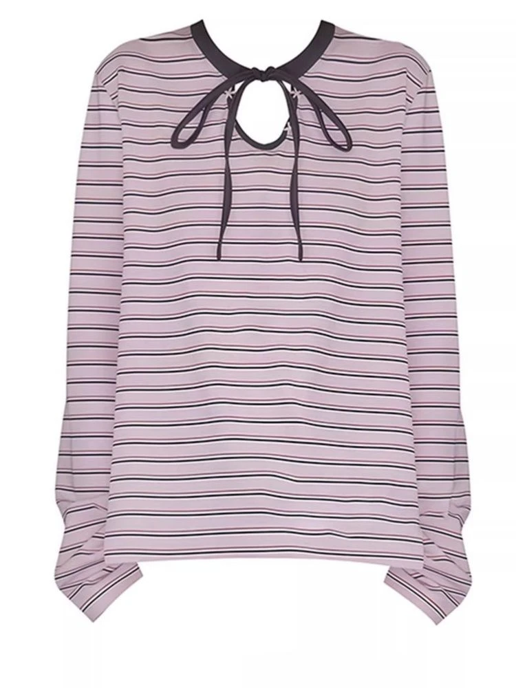 条纹撞色绑带长袖T恤女早秋新款宽松慵懒休闲百搭显瘦上衣打底衫