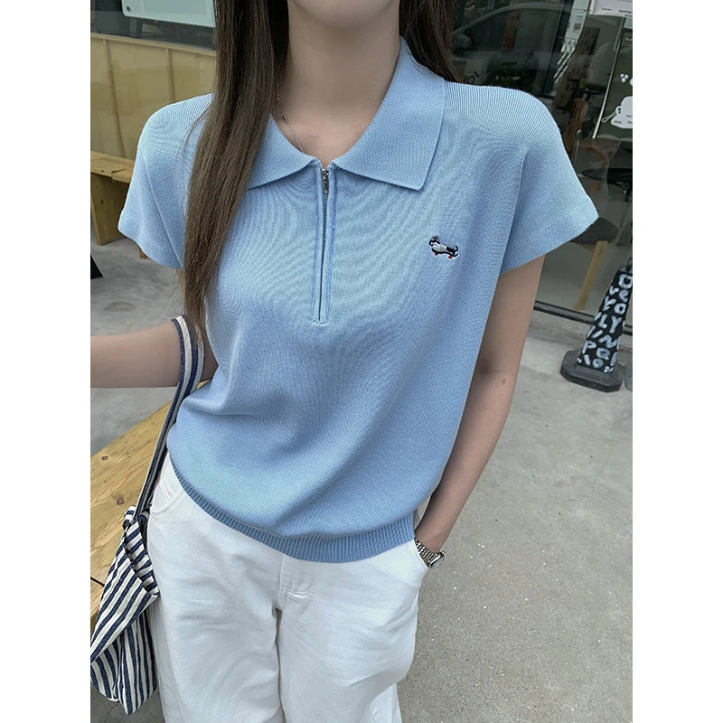 韩系蓝色半拉链polo领针织短袖t恤女夏季小个子短款上衣正肩