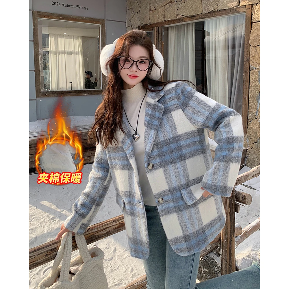清2024冬装韩版蓝白格子高级感毛呢外套夹棉保暖大衣Q63846