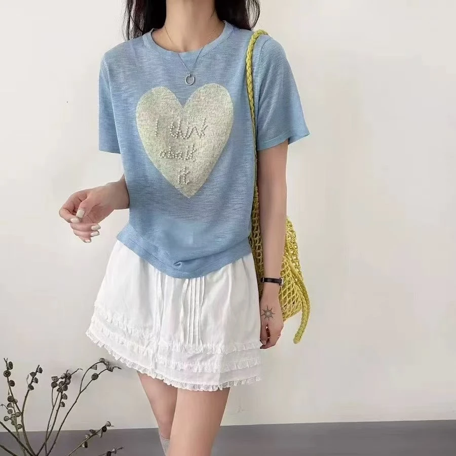 【专柜正品】爱心钉珠短袖针织衫女薄款夏季新款时尚宽松上衣套头