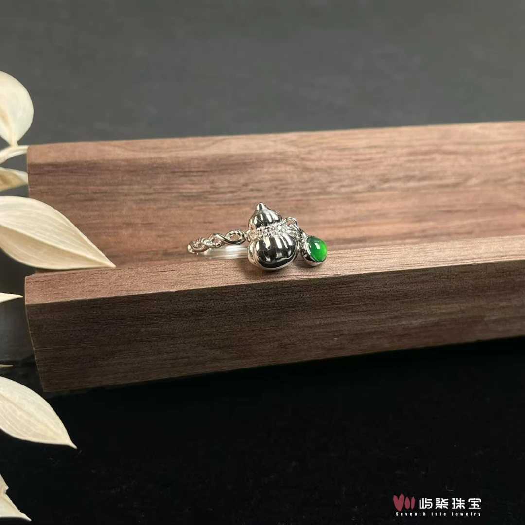 【要努力】D439 翡翠银925镶嵌 银葫芦小绿圆蛋提溜戒
