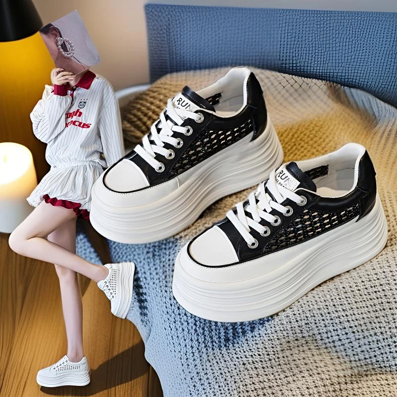 内增高8cm真皮小白鞋女百搭不累脚透气厚底松糕板鞋2025夏季爆款