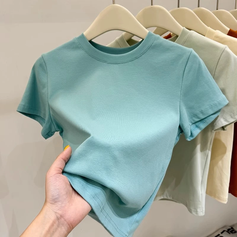 海域蓝百搭圆领正肩短袖t恤女修身夏季2025新款基础显瘦体恤上衣