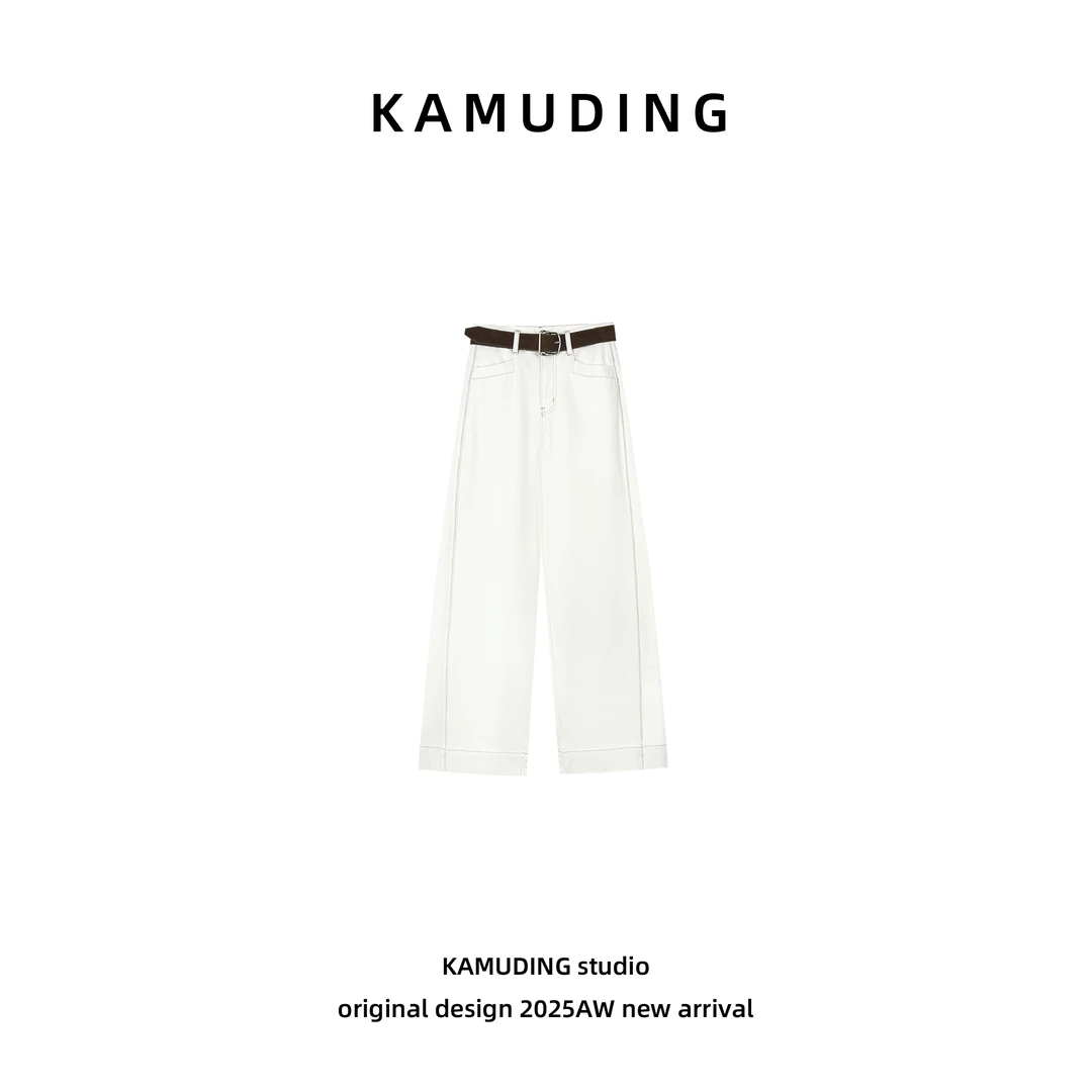 KAMUDING2025新款A9白色宽松时尚直筒牛仔裤25208