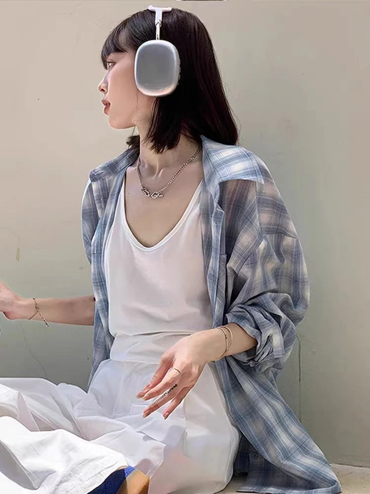 2025格纹衬衫女春夏美式学院宽松百搭格子上衣长袖防晒衬衣外套薄