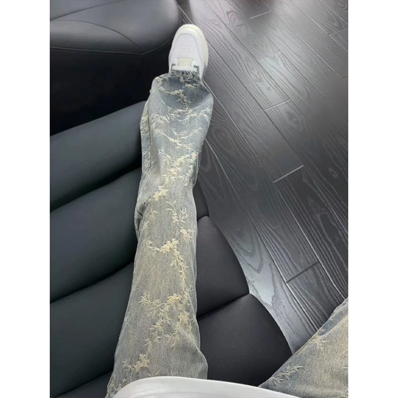 浅蓝色荆棘提花牛仔裤男夏季美式高街vibe裤子水洗窄版直筒微喇裤