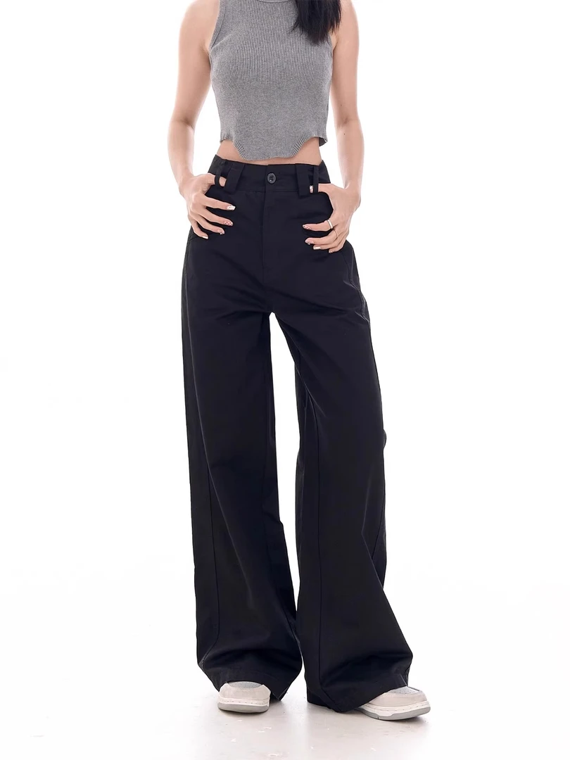 【茶芙巷】现货加绒梨形身材黑色休闲西装裤女大码胖mm显瘦阔腿裤子