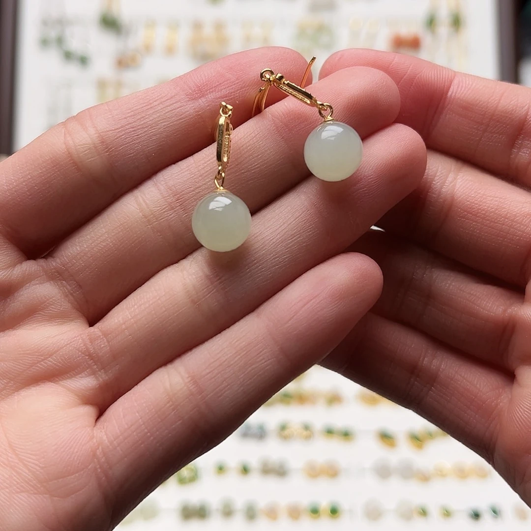 银S925镀金镶嵌和田玉耳钉