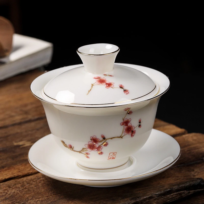 羊脂玉陶瓷三才盖碗描金白瓷茶碗泡