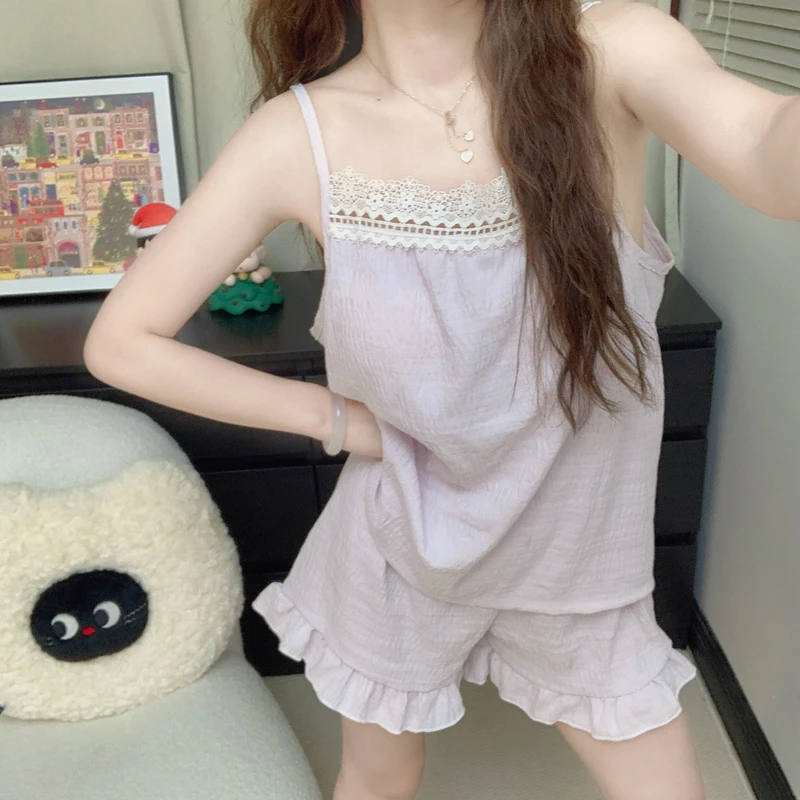 带胸垫紫色睡衣女士夏季吊带短裤性感法式花边可外穿家居服两件套