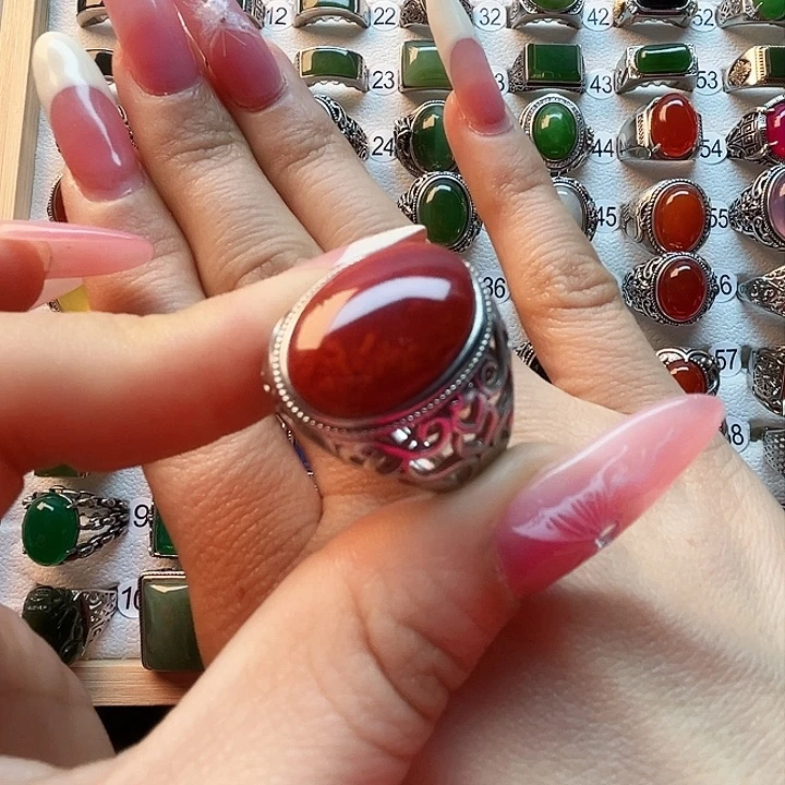 南红玛瑙戒指银S925镶嵌