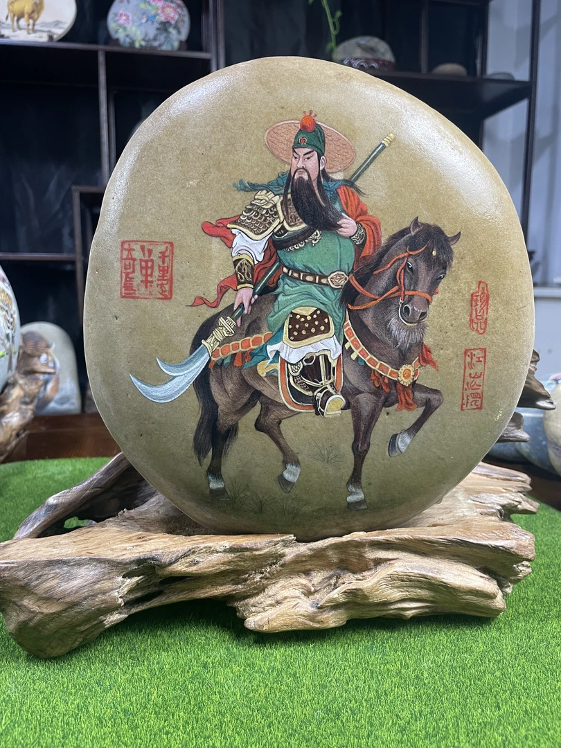 石头小哥八卦精美陶瓷老虎雕刻《关公》复古石头画摆件创意工艺品