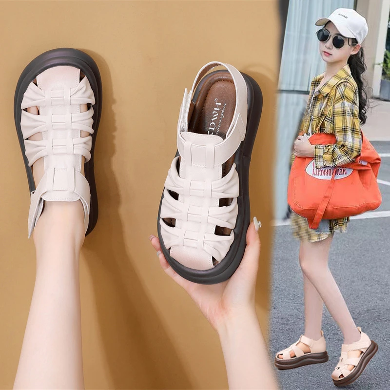 巴拉优选真皮女童鞋子儿童包头凉鞋2025夏季新款夏款女孩中大童罗