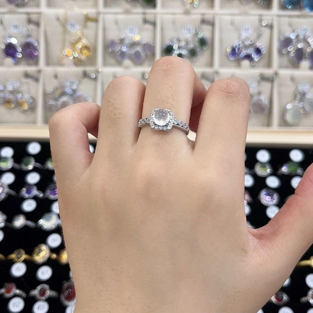 岫玉银S925镶嵌戒指白月光方糖