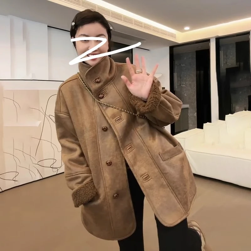 加厚羊羔毛皮毛一体外套女2024冬季新款宽松保暖麂皮绒机车服大衣