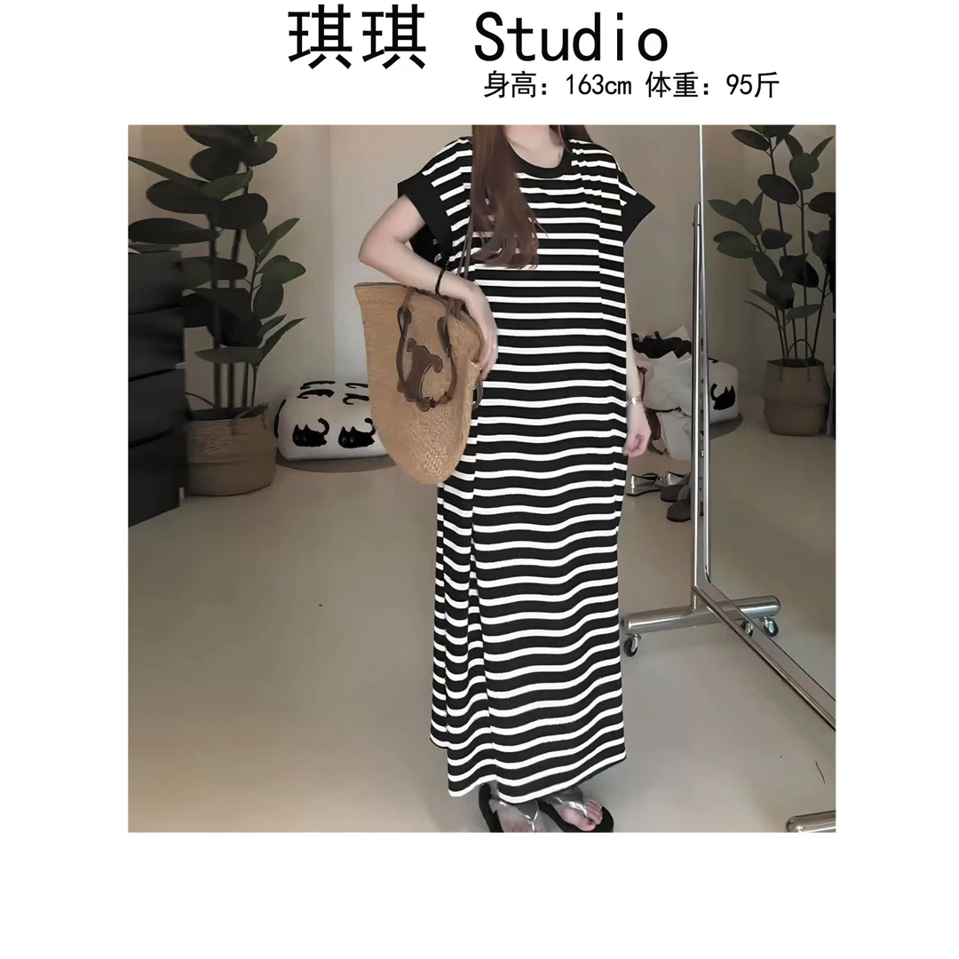 《琪琪家》夏季新款气质时尚慵懒风宽松显瘦减龄条纹连衣裙71632-CS