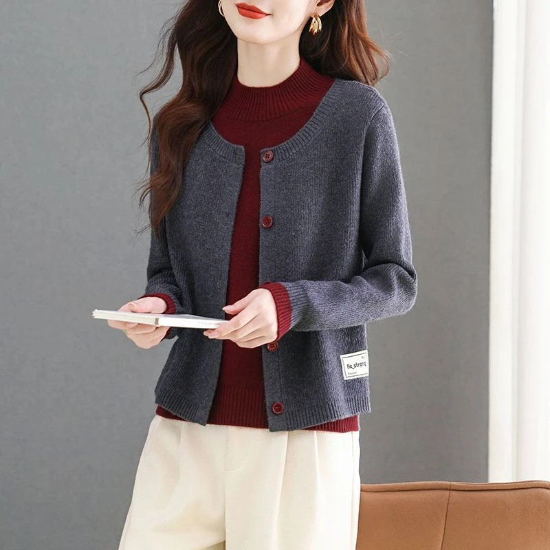 秋冬新款小个子高级感洋气外穿气质拼接假两件慵懒风针织毛衣外套