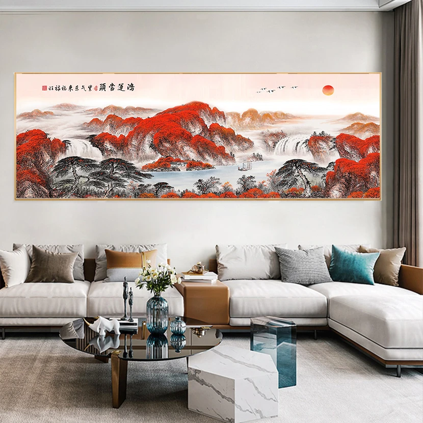 26年新款鸿运当头沙发背景茶室客厅横幅晶瓷镶钻铝合金边框装饰画